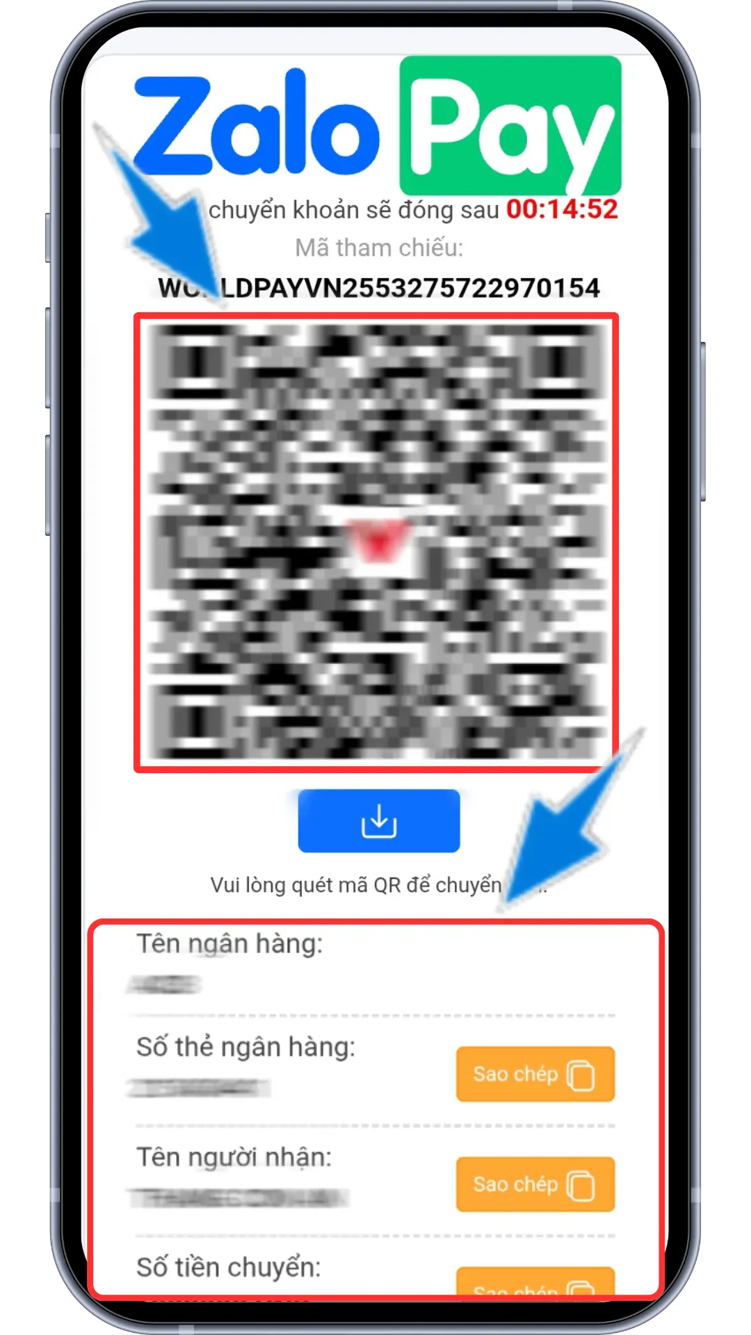 Bước 3 : Sao chép thông tin nạp tiền hoặc quét mã để chuyển khoản.